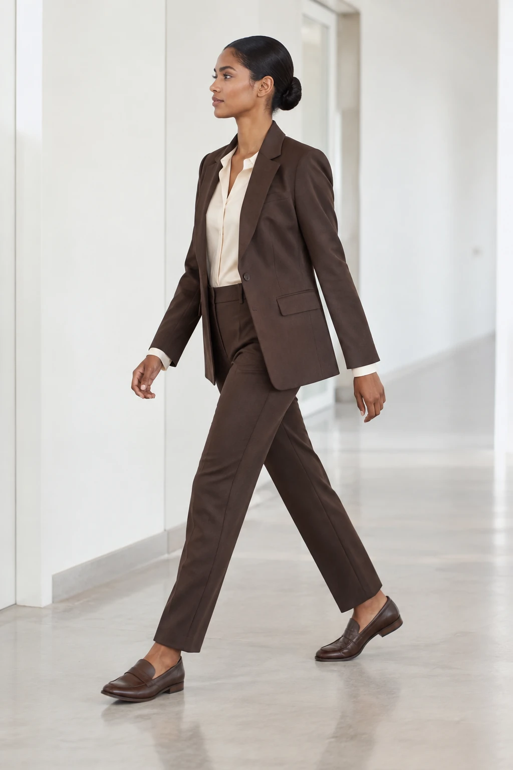 Chocolate Brown Suit with an Ivory Blouse: chocolate blazer, ivory blouse and matching brown tailored trousers in chocolate, ivory and brown.