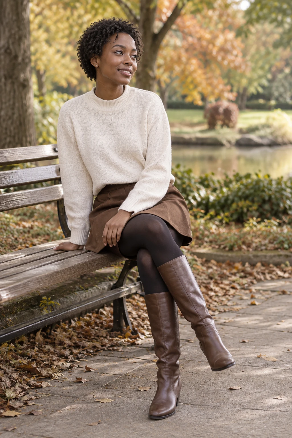 Brown Mini Skirt with a Cream Knit and Tall Boots: brown a-line mini skirt, cream knit and opaque brown tights in brown and cream.