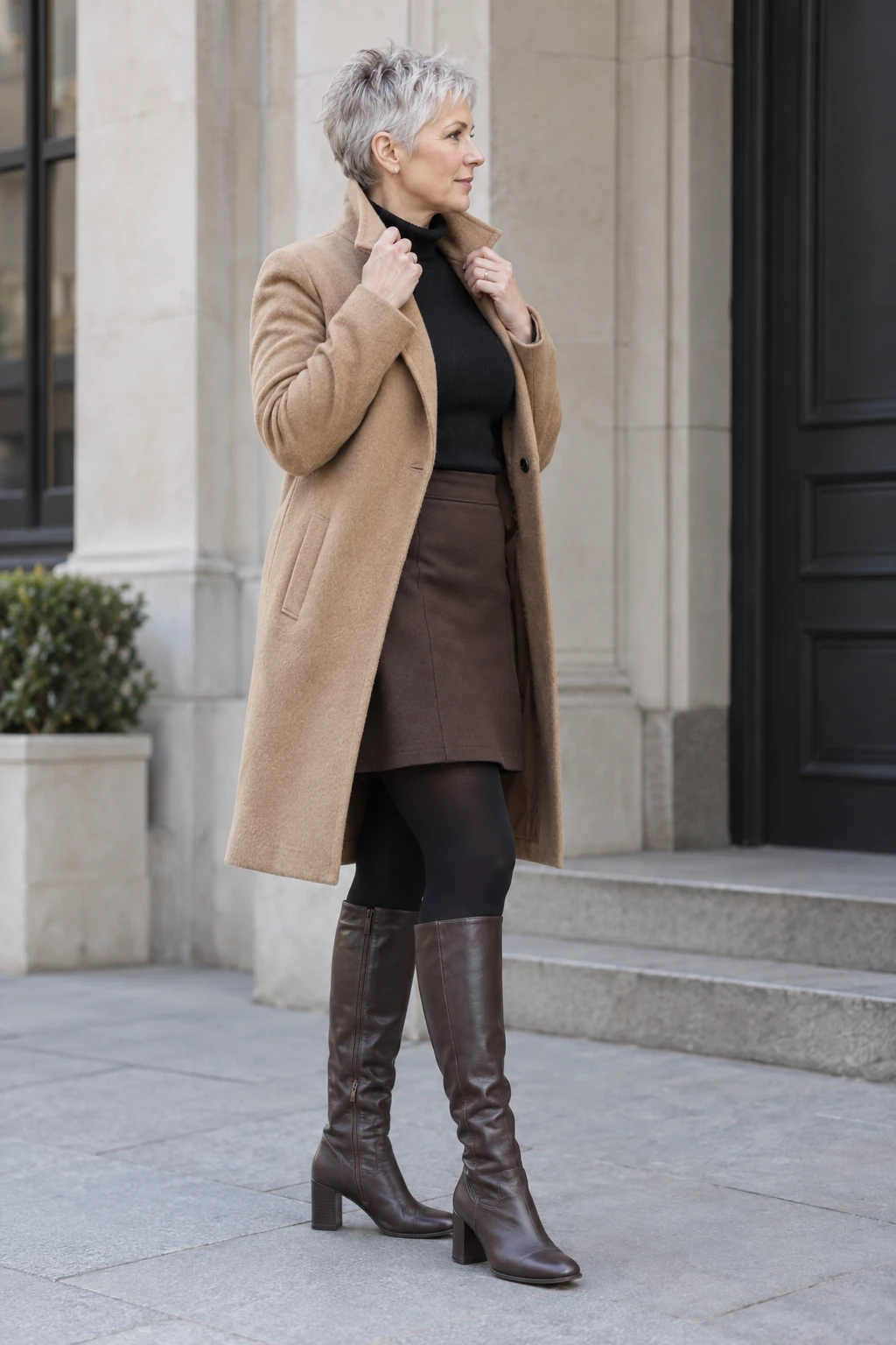 Camel Coat with a Brown Mini Skirt and Black Knit: camel coat, black knit and brown mini skirt in camel, brown and black.