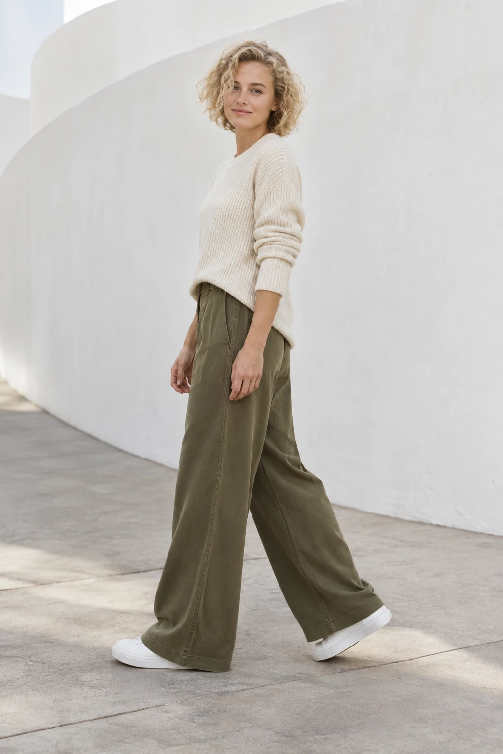 Olive Trousers with a Cream Knit and White Trainers: olive trousers, cream knit and white trainers in olive, cream and white.