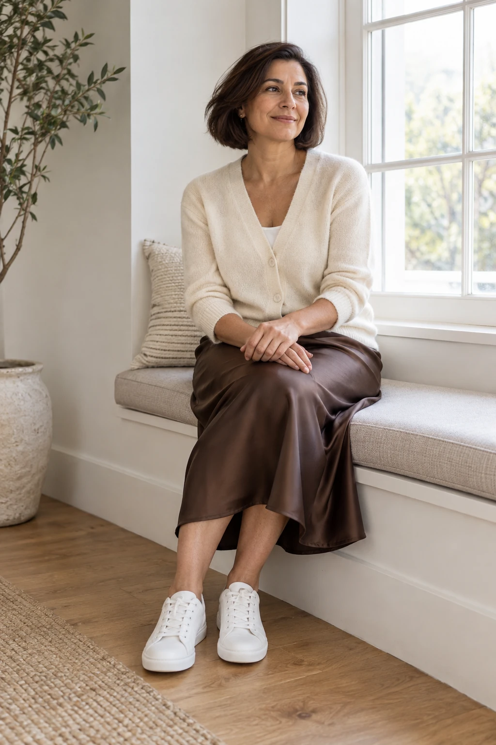 Cream Cardigan with a Chocolate Satin Skirt and Trainers: cream cardigan, white tank and chocolate satin midi skirt in cream, chocolate and white.