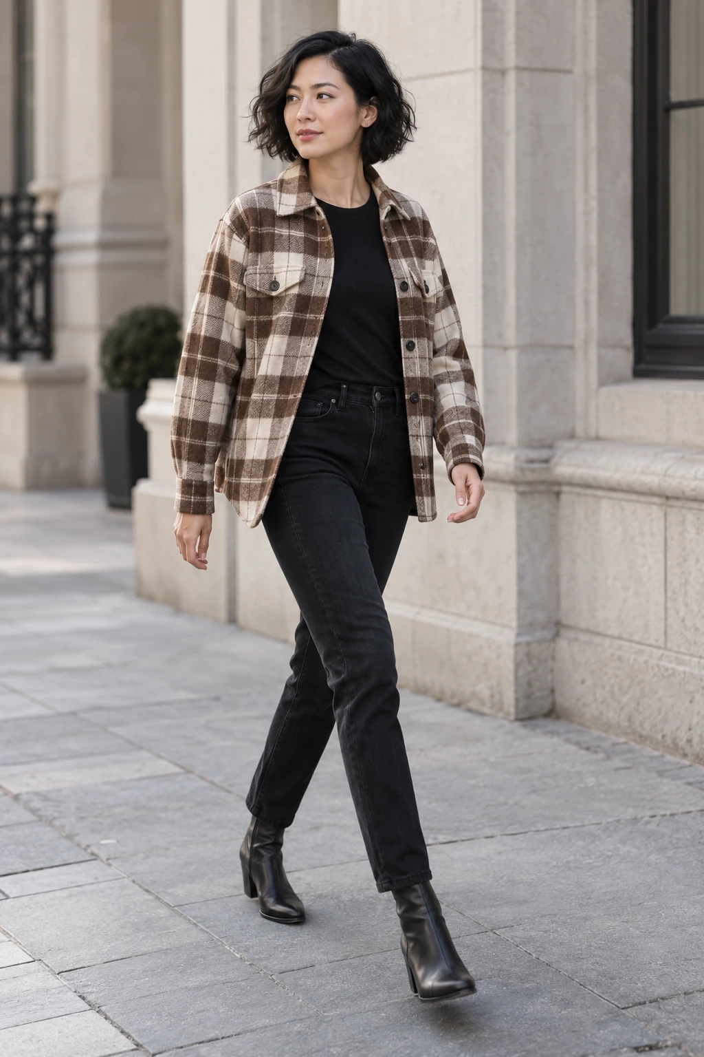 Plaid Overshirt with Black Jeans and Ankle Boots: brown and cream plaid overshirt, black tee and black jeans in brown, cream and black.