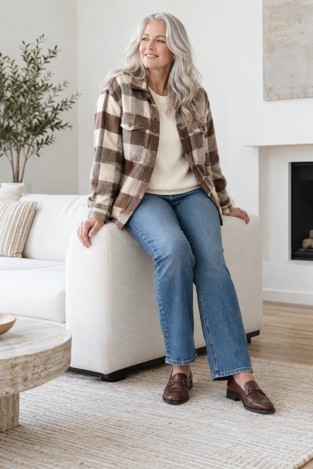 Plaid Overshirt with Blue Jeans and Brown Loafers: brown and cream plaid overshirt, cream knit and blue jeans in brown, cream and blue.