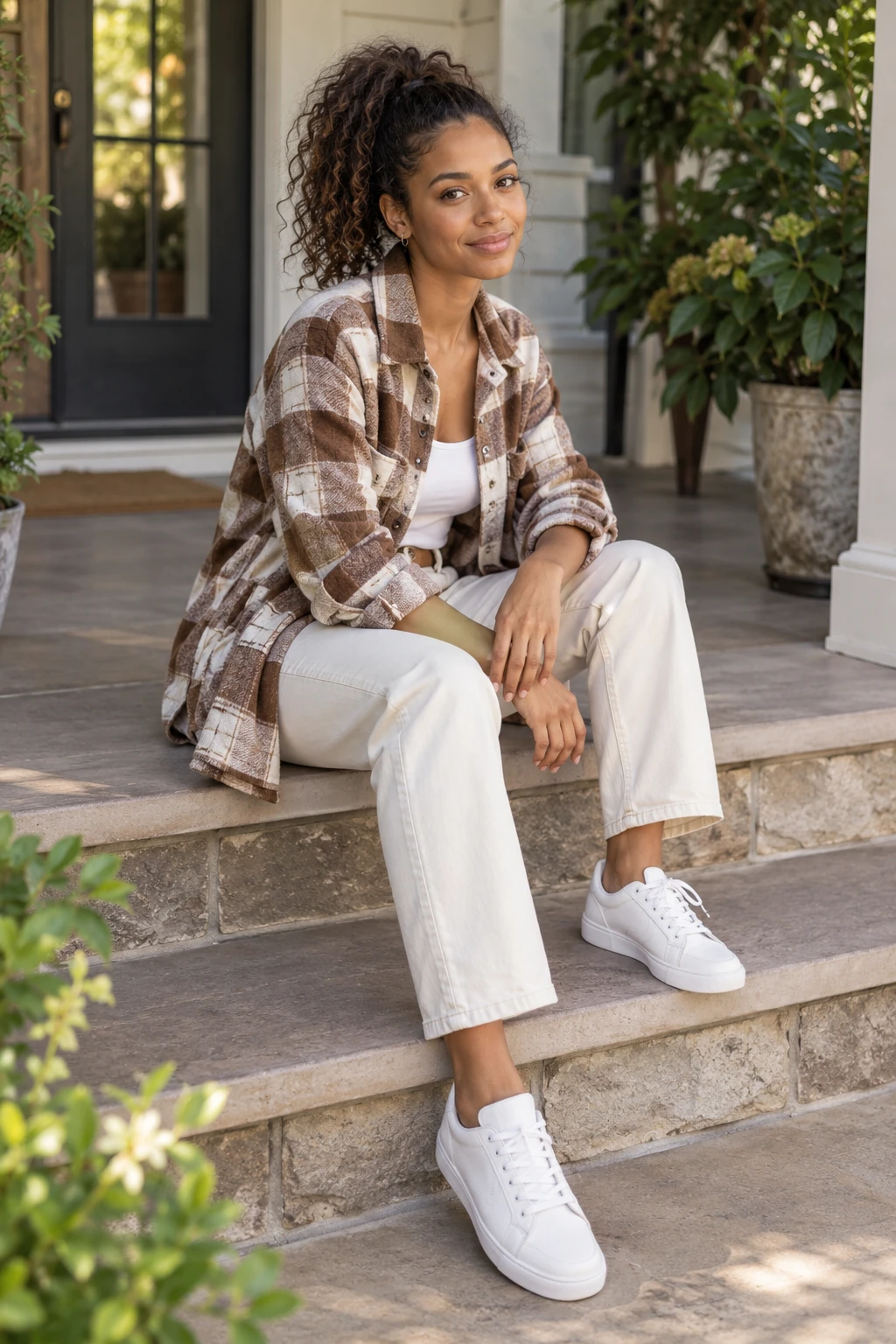 Plaid Overshirt with Cream Jeans and White Trainers: brown and cream plaid overshirt, white tank and cream jeans in brown, cream and white.