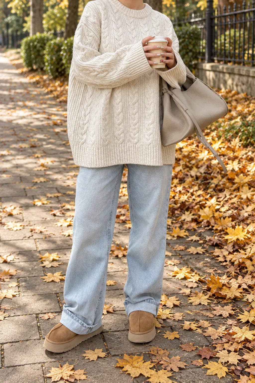 Cream Oversized Sweater and Relaxed Jeans Outfit: cream oversized sweater, relaxed light-wash jeans and tan suede clogs in cream, blue and tan.