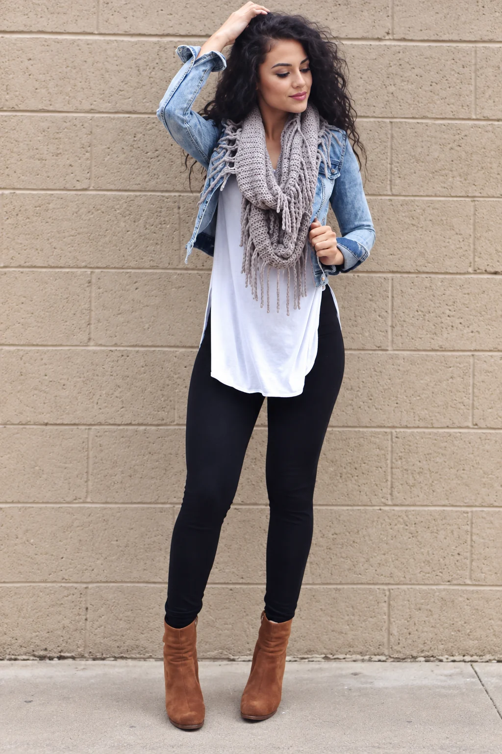 Denim Jacket, White Shirt and Black Leggings Outfit: blue denim jacket, long white shirt and black leggings in blue, white, black and brown.