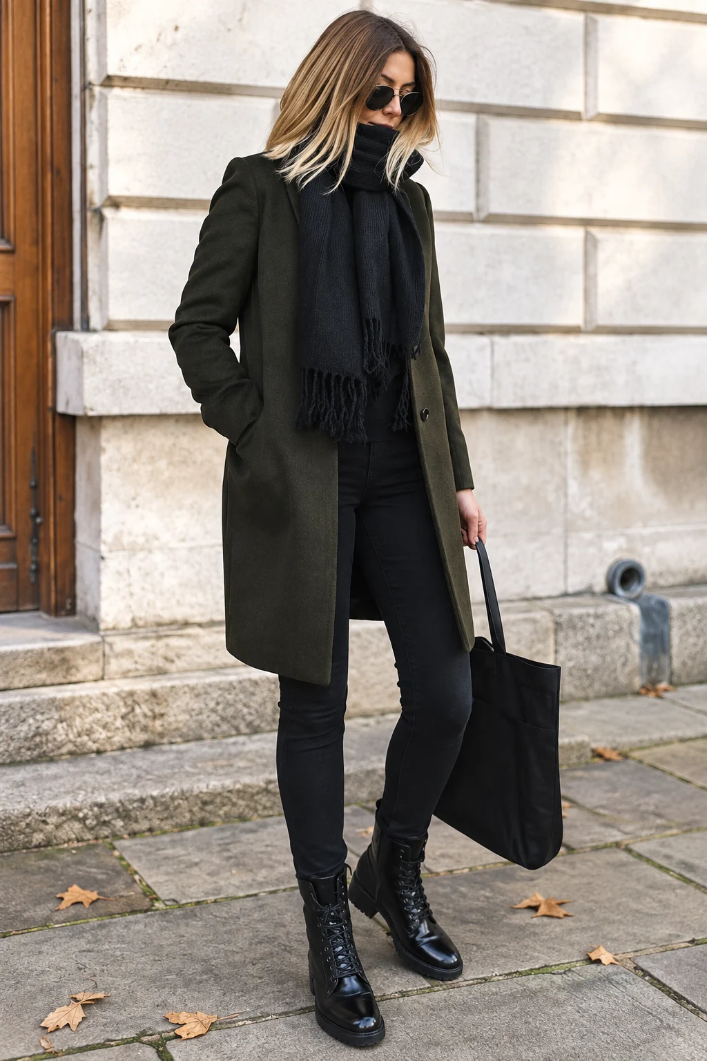 Black Coat and Monochrome City Outfit Outfit: long black coat, black knit top and black trousers in black.