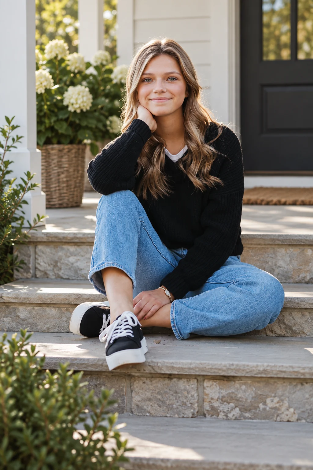 Black Knit and Relaxed Jeans Outfit: black crewneck knit, relaxed blue jeans and black-and-white sneakers in black, blue and white.