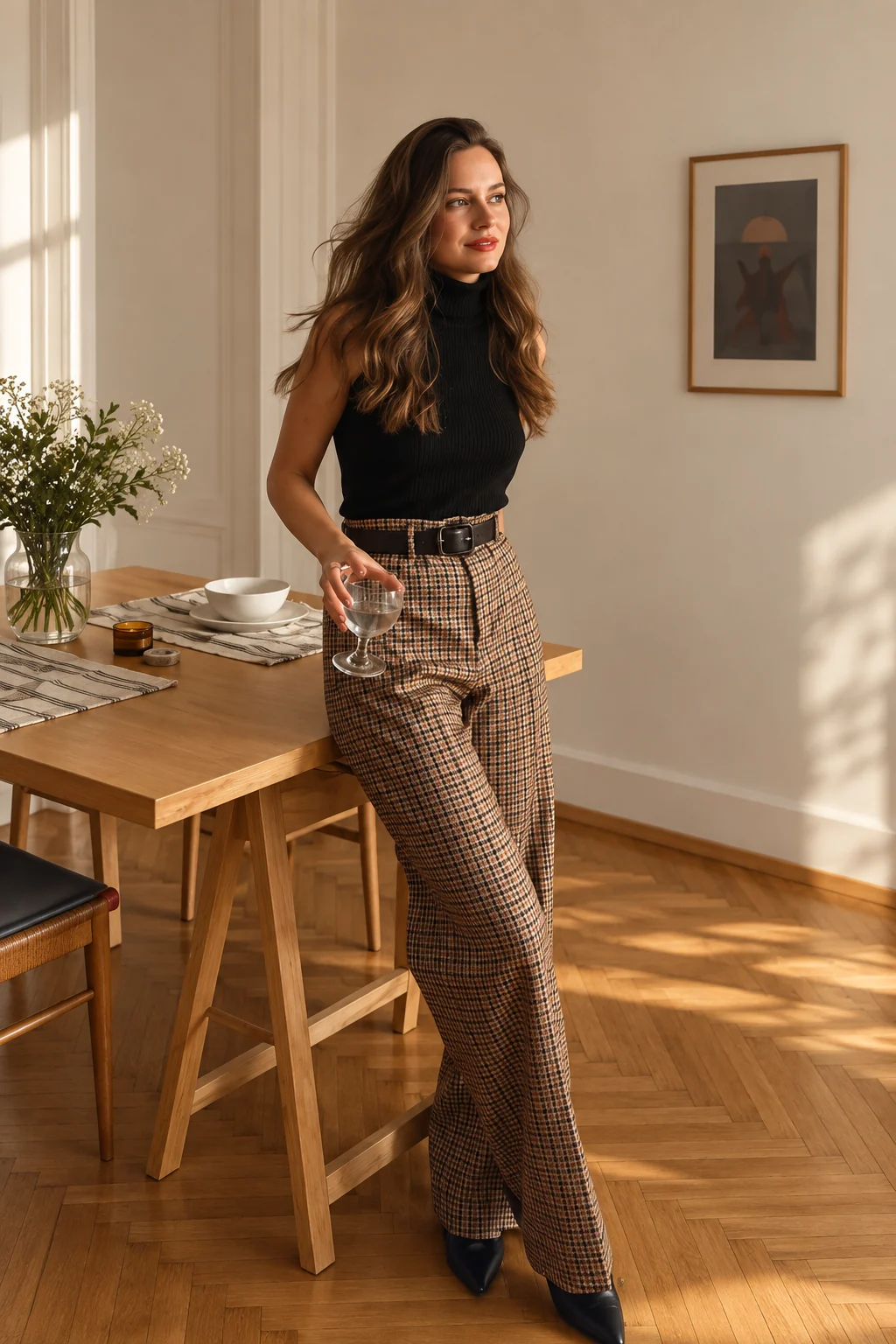 Black Sleeveless Top and Brown Trousers Outfit: black sleeveless top, brown tailored trousers and black belt in black and brown.