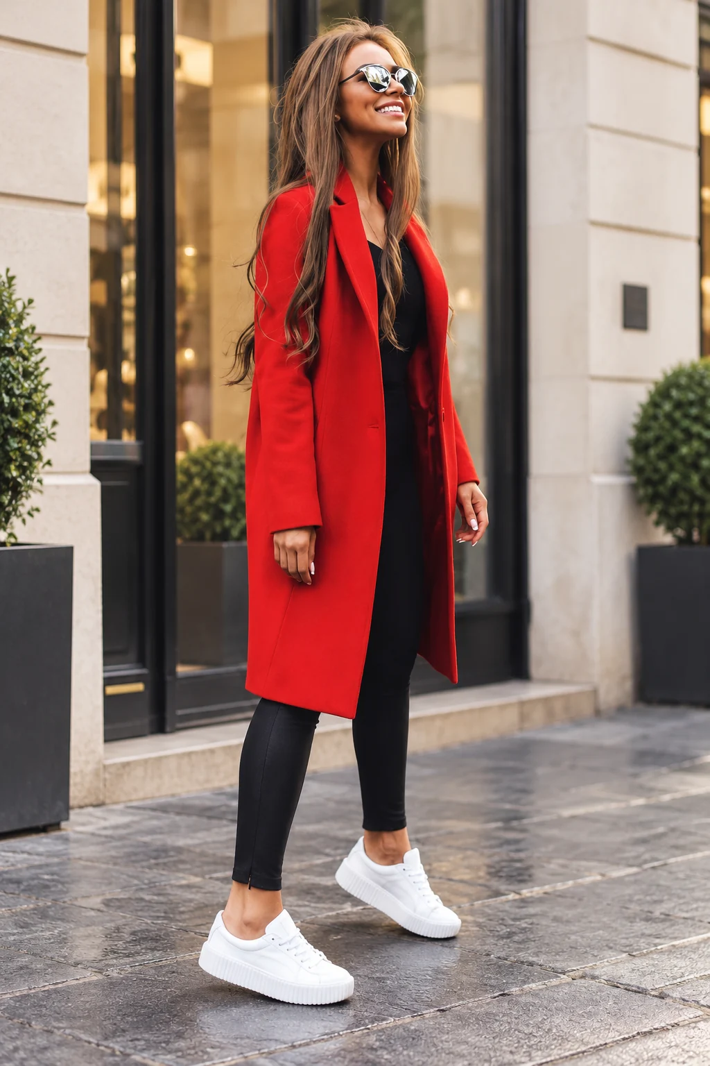 Red Coat, Black Trousers and White Sneakers Outfit: long red coat, black top and black slim trousers in red, black and white.