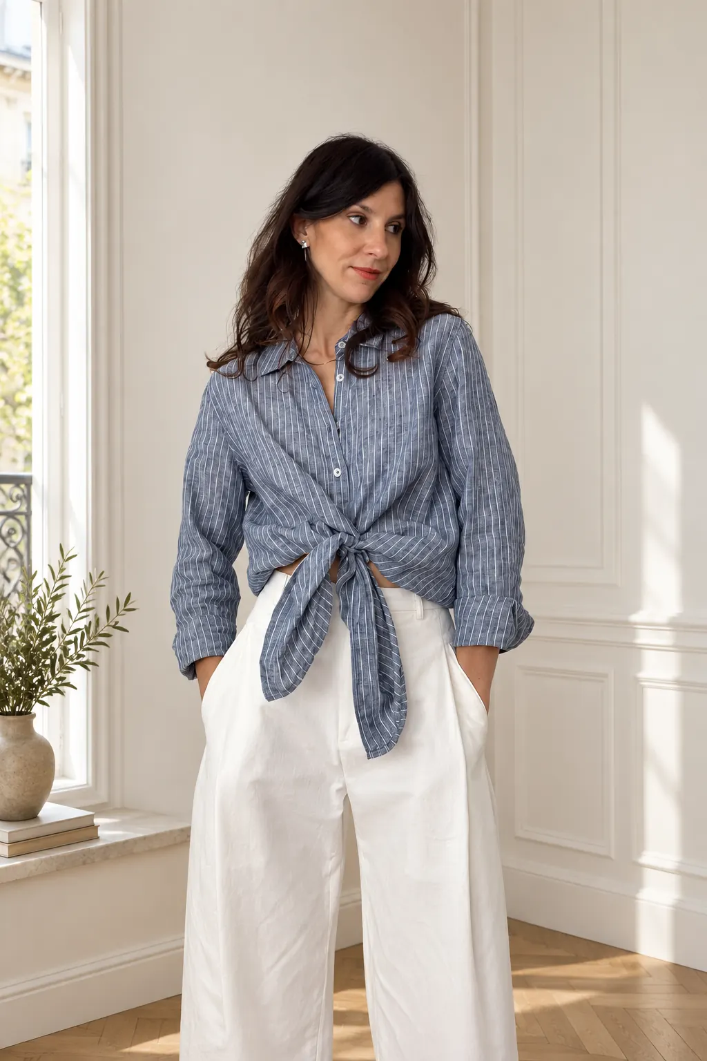 Blue Shirt and White Wide-Leg Trousers Outfit: blue relaxed shirt, white wide-leg trousers and neutral shoes in blue and white.