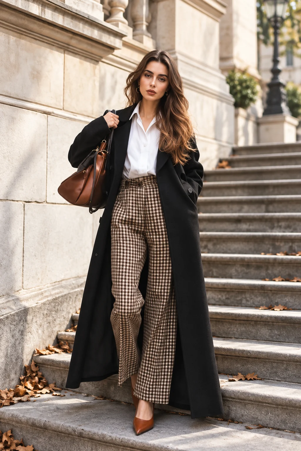 Black Coat, White Shirt and Checked Trousers Outfit: long black coat, white shirt and brown checked trousers in black, white and brown.