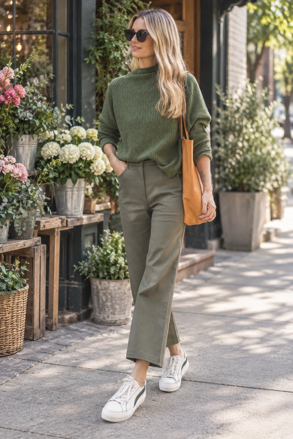 Olive Sweater and Olive Trousers Outfit: olive ribbed sweater, olive straight-leg trousers and white sneakers in olive, tan and white.