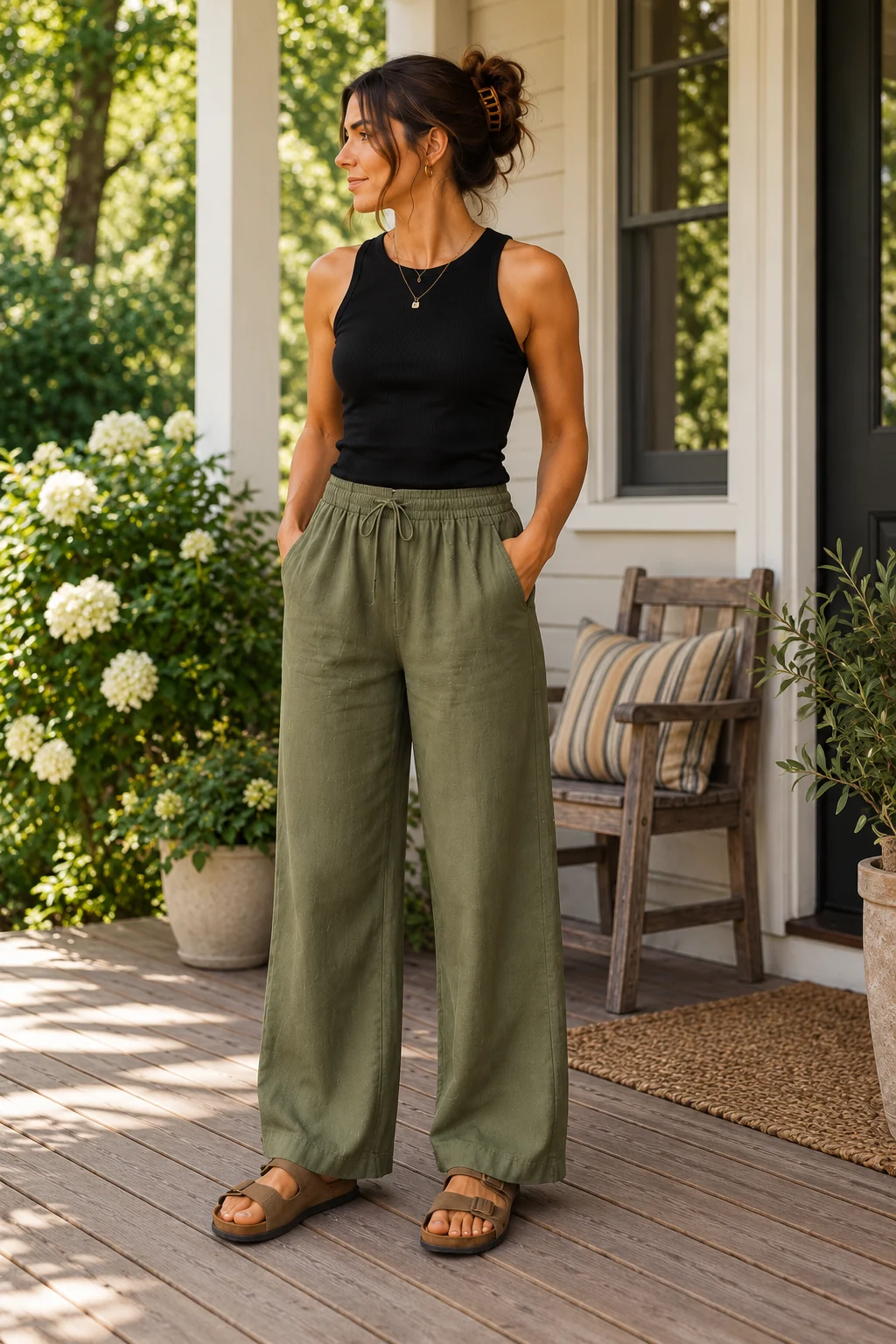 Black Tank and Olive Linen Trousers Outfit: black high-neck tank, olive linen wide-leg trousers and tan flat sandals in black, olive and tan.