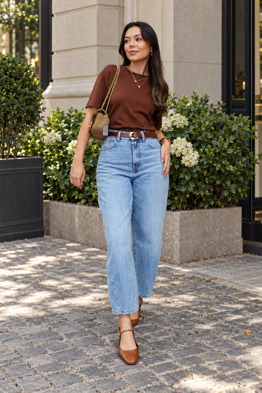 Brown Tee and Light-Wash Jeans Outfit: brown fitted tee, light-wash straight jeans and tan pointed flats in brown, blue and tan.