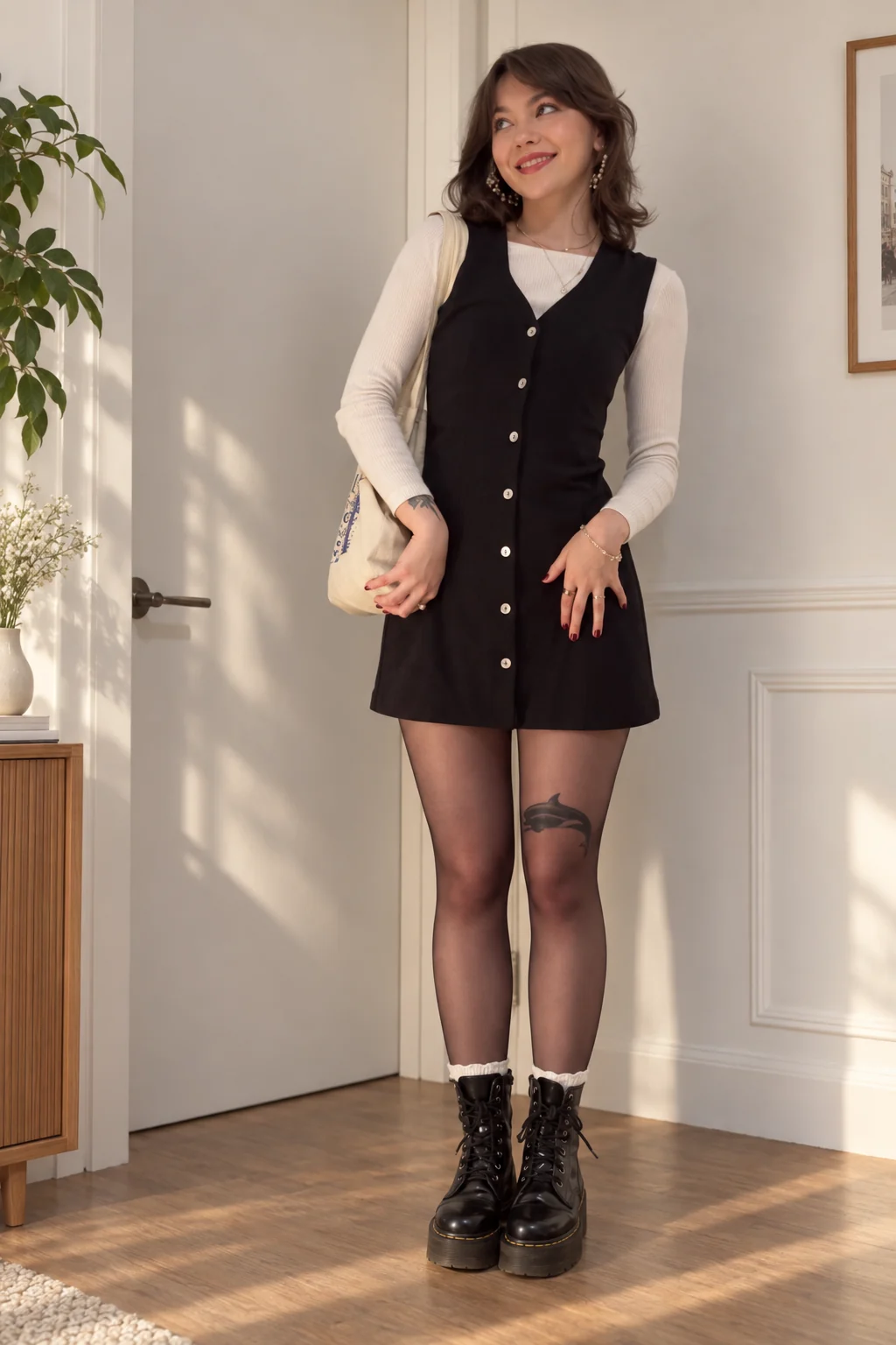 Black Pinafore Dress and White Turtleneck Outfit: black pinafore mini dress, white turtleneck and sheer tights in black and white.
