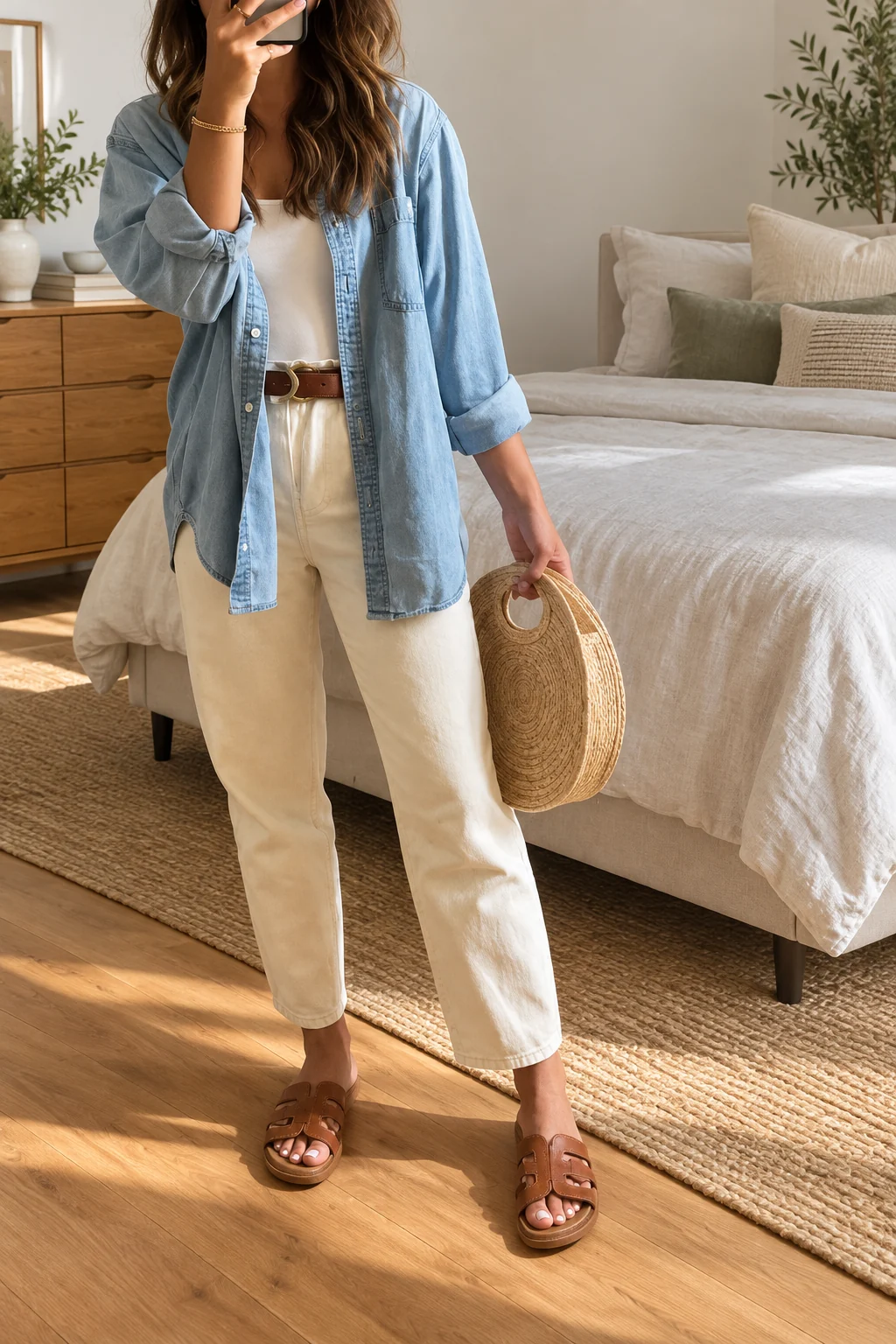 Blue Shirt and Cream Trousers Outfit: blue oversized shirt, cream relaxed trousers and brown sandals in blue, cream and brown.