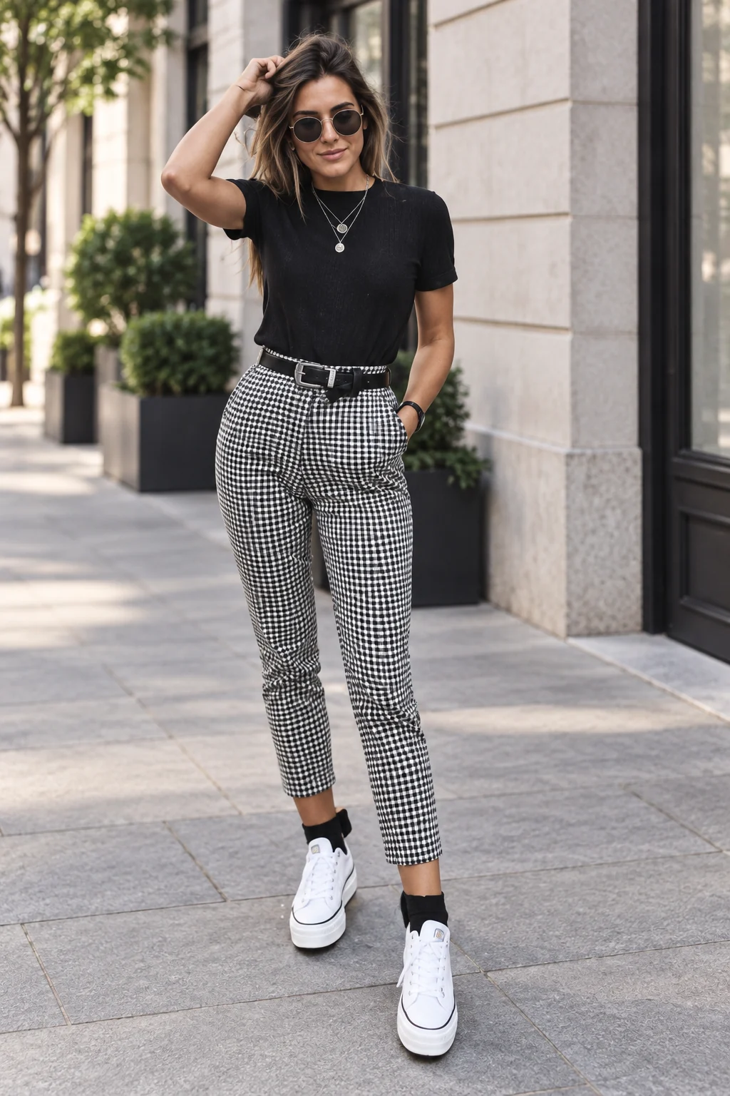 Black Tee and Checked Trousers Outfit: black fitted tee, grey checked ankle trousers and black-and-white sneakers in black, grey and white.