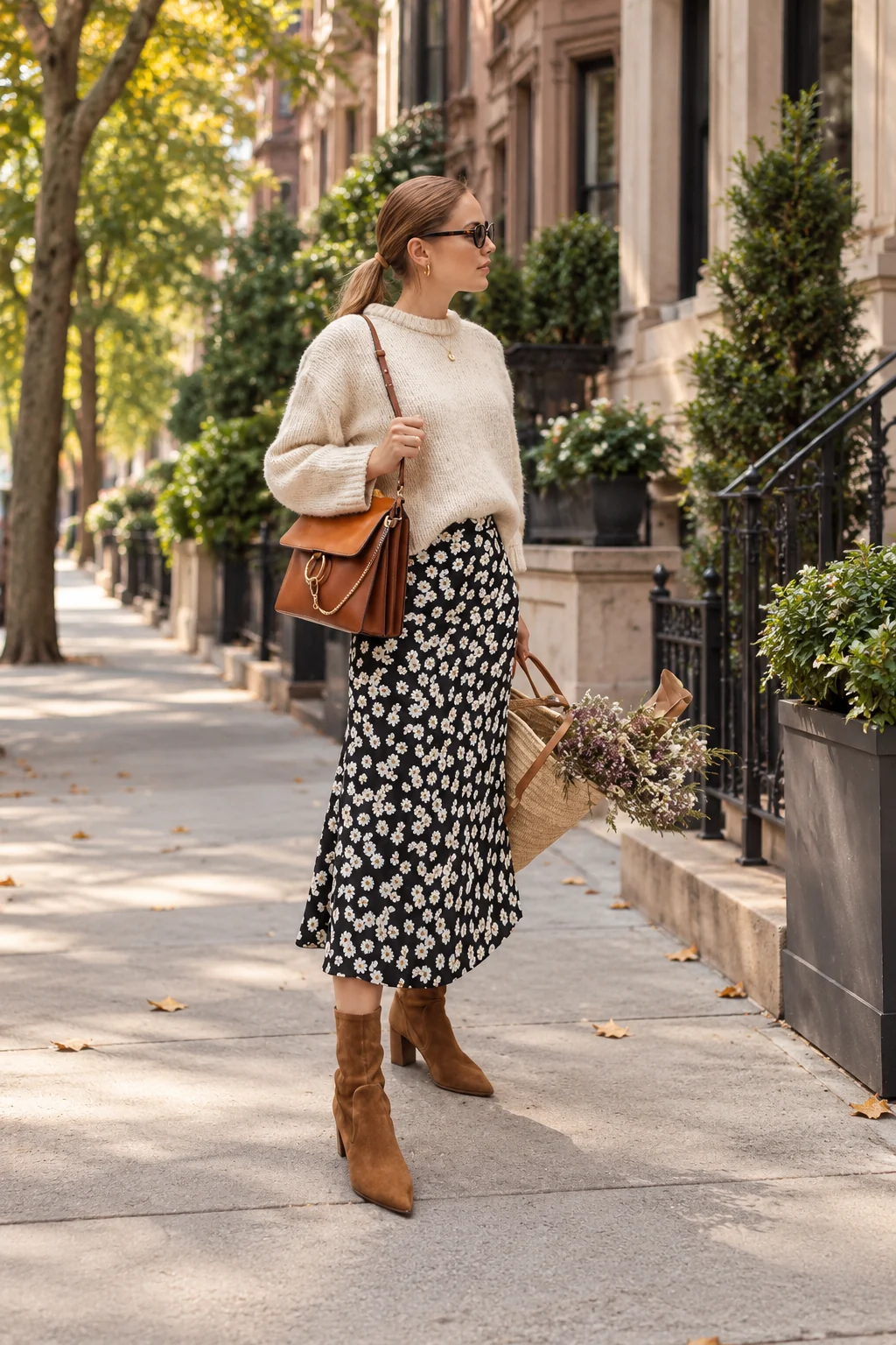 Cream Cardigan and Floral Midi Skirt Outfit: cream cardigan, black-and-white floral midi skirt and brown ankle boots in cream, black and brown.