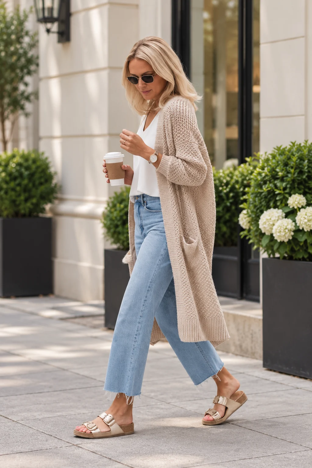 Long Cream Cardigan and Light-Wash Jeans Outfit: long cream cardigan, white top and light-wash cropped jeans in cream, blue and tan.