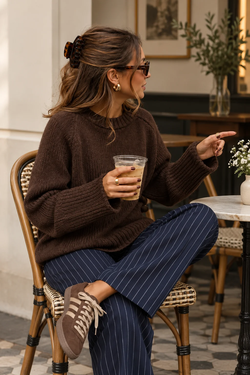 Brown Sweater and Striped Trousers Outfit: brown oversized sweater, navy striped trousers and patterned flats in brown, navy and cream.