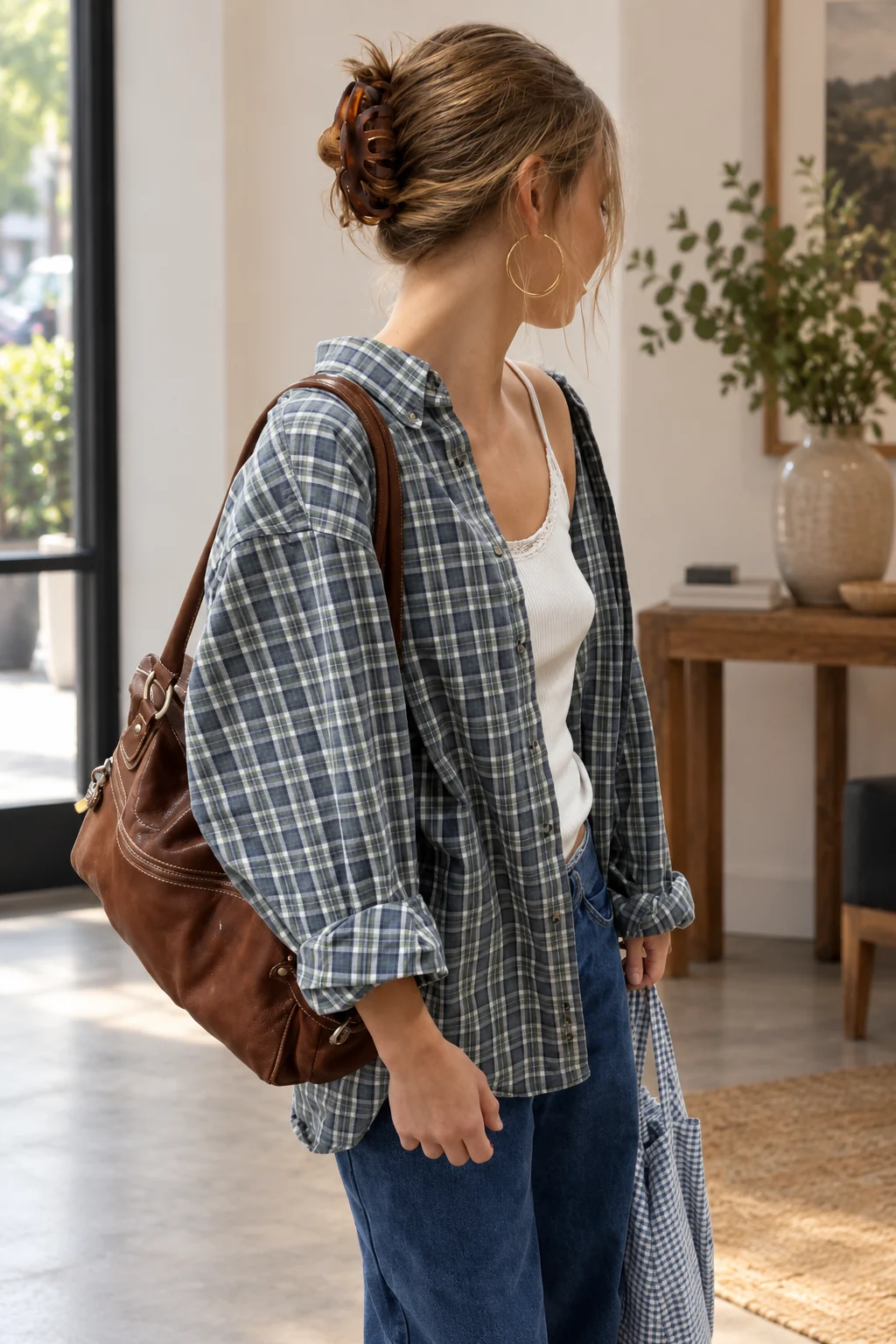 Checked Overshirt, White Top and Blue Jeans Outfit: grey checked overshirt, white fitted top and blue jeans in grey, white, blue and brown.