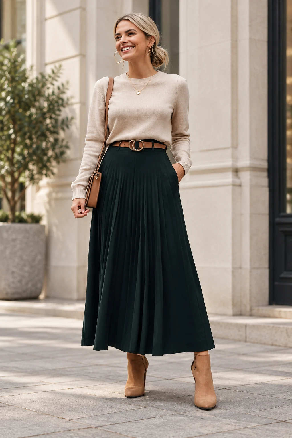 Cream Knit and Forest-Green Maxi Skirt Outfit: cream fitted knit, forest-green flowing maxi skirt and brown belt in cream, green and brown.