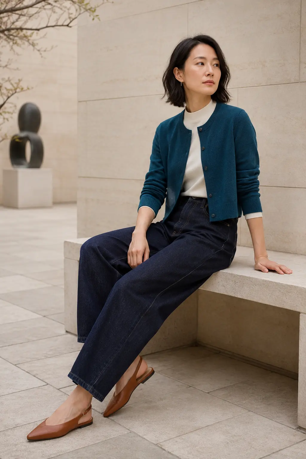 Teal Blazer and Navy Wide-Leg Trousers Outfit: teal blazer and navy wide-leg trousers in teal, navy and ivory.