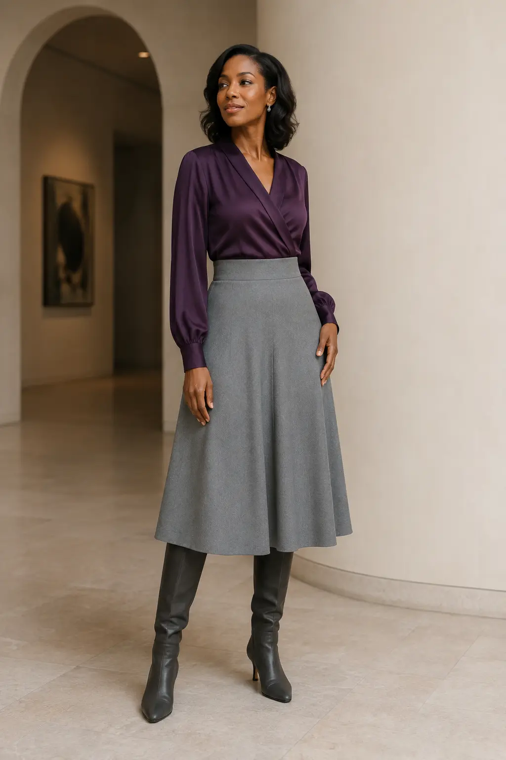 Plum Wrap Top and Grey Midi Skirt Outfit: plum wrap top and grey midi skirt in plum, grey and black.