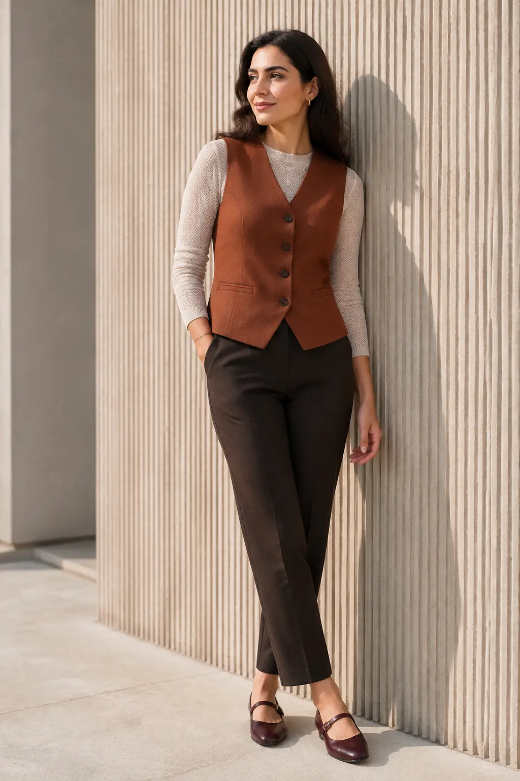 Rust Vest and Chocolate Tailored Trousers Outfit: rust vest and chocolate tailored trousers in rust, chocolate and ivory.