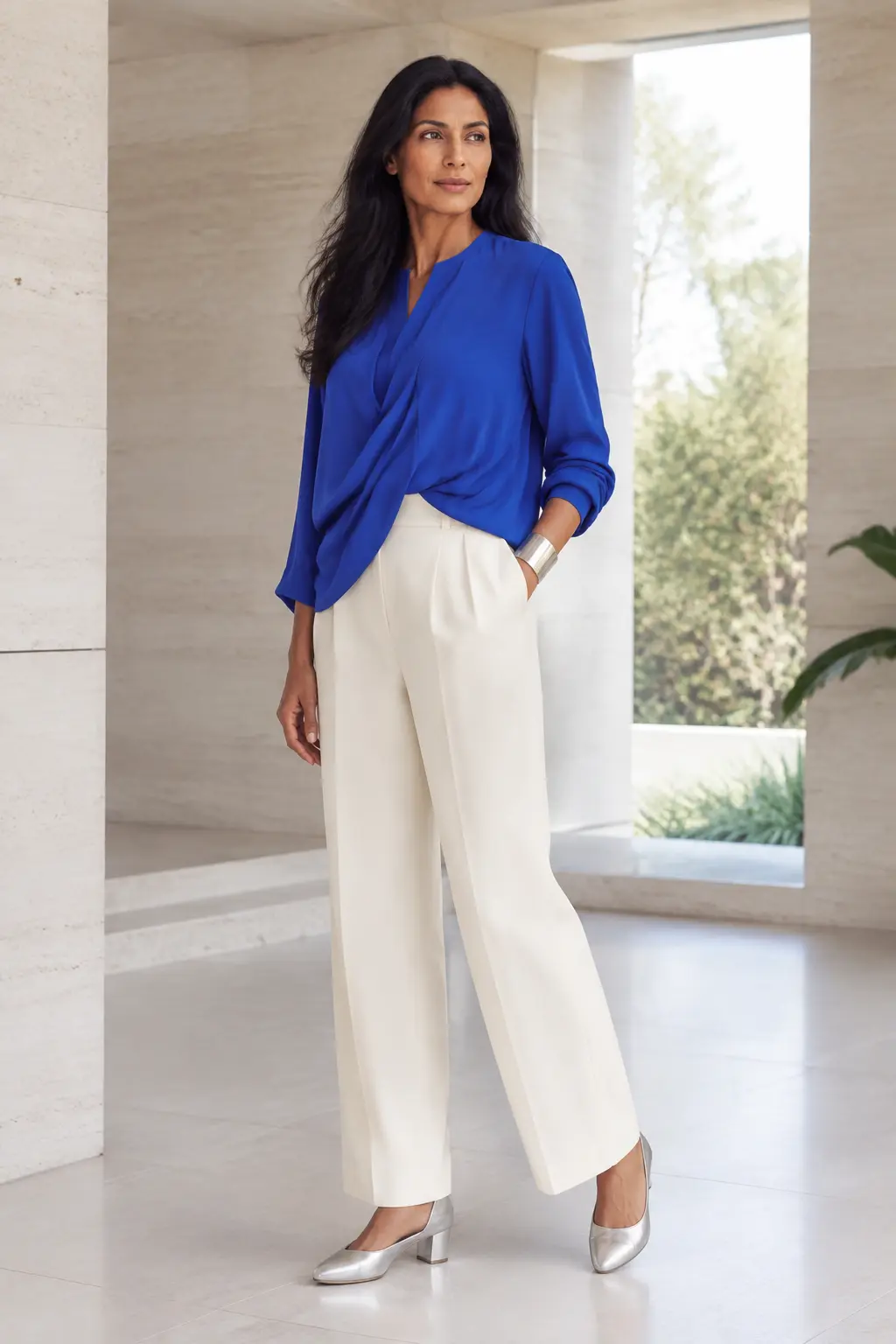 Cobalt Sweater and White Wide-Leg Trousers Outfit: cobalt sweater and white wide-leg trousers in cobalt, white and silver.