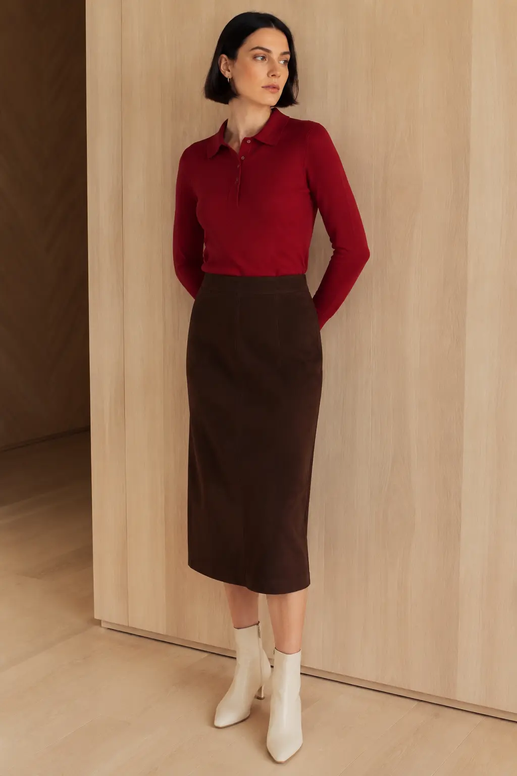 Burgundy Knit and Chocolate Pencil Skirt Outfit: burgundy knit and chocolate pencil skirt in burgundy, chocolate and cream.