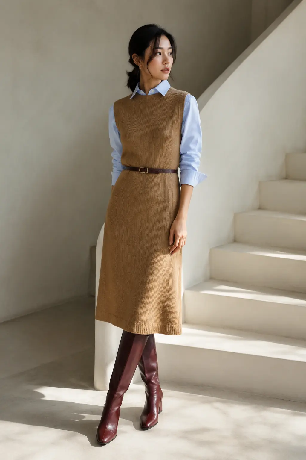 Camel Sweater Dress and Blue Shirt Outfit: camel sweater dress and blue shirt in camel, blue and burgundy.