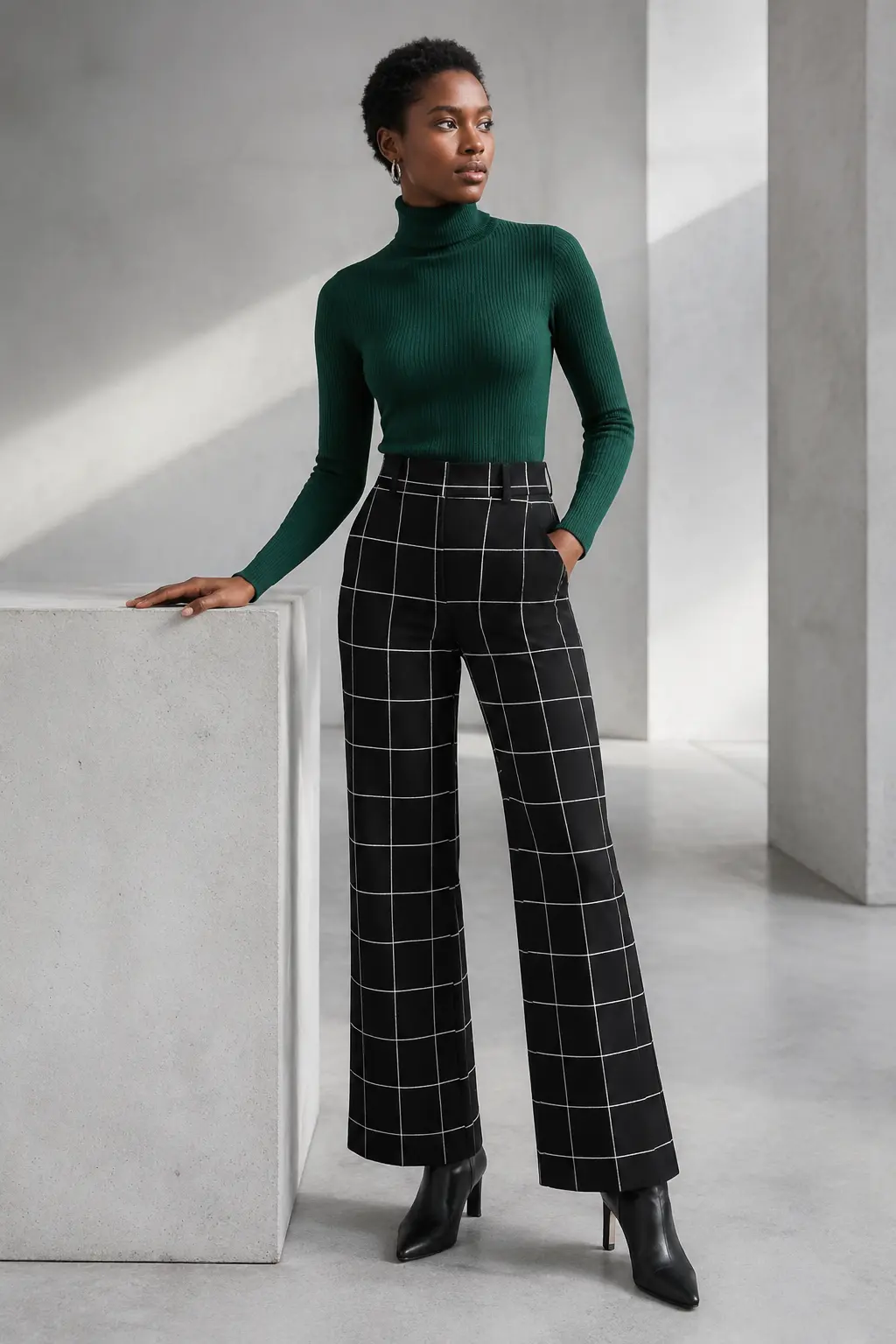 Emerald Turtleneck and Plaid Wide-Leg Trousers Outfit: emerald turtleneck and plaid wide-leg trousers in emerald, black and grey.