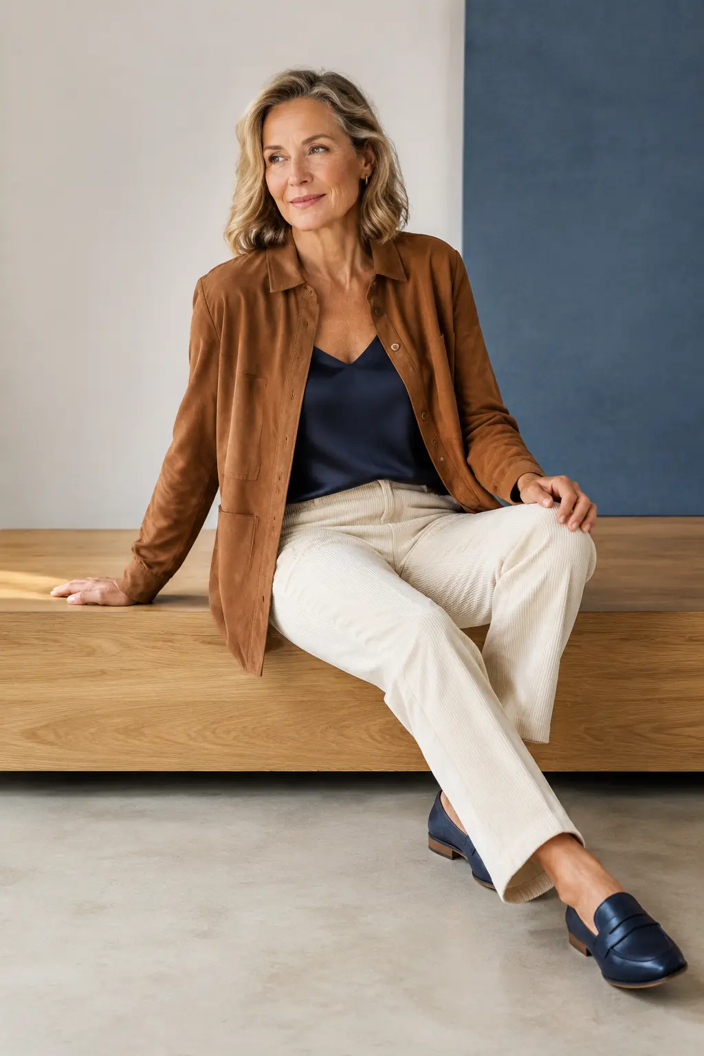 Camel Cardigan and Ivory Wide-Leg Trousers Outfit: camel cardigan and ivory wide-leg trousers in camel, ivory and navy.