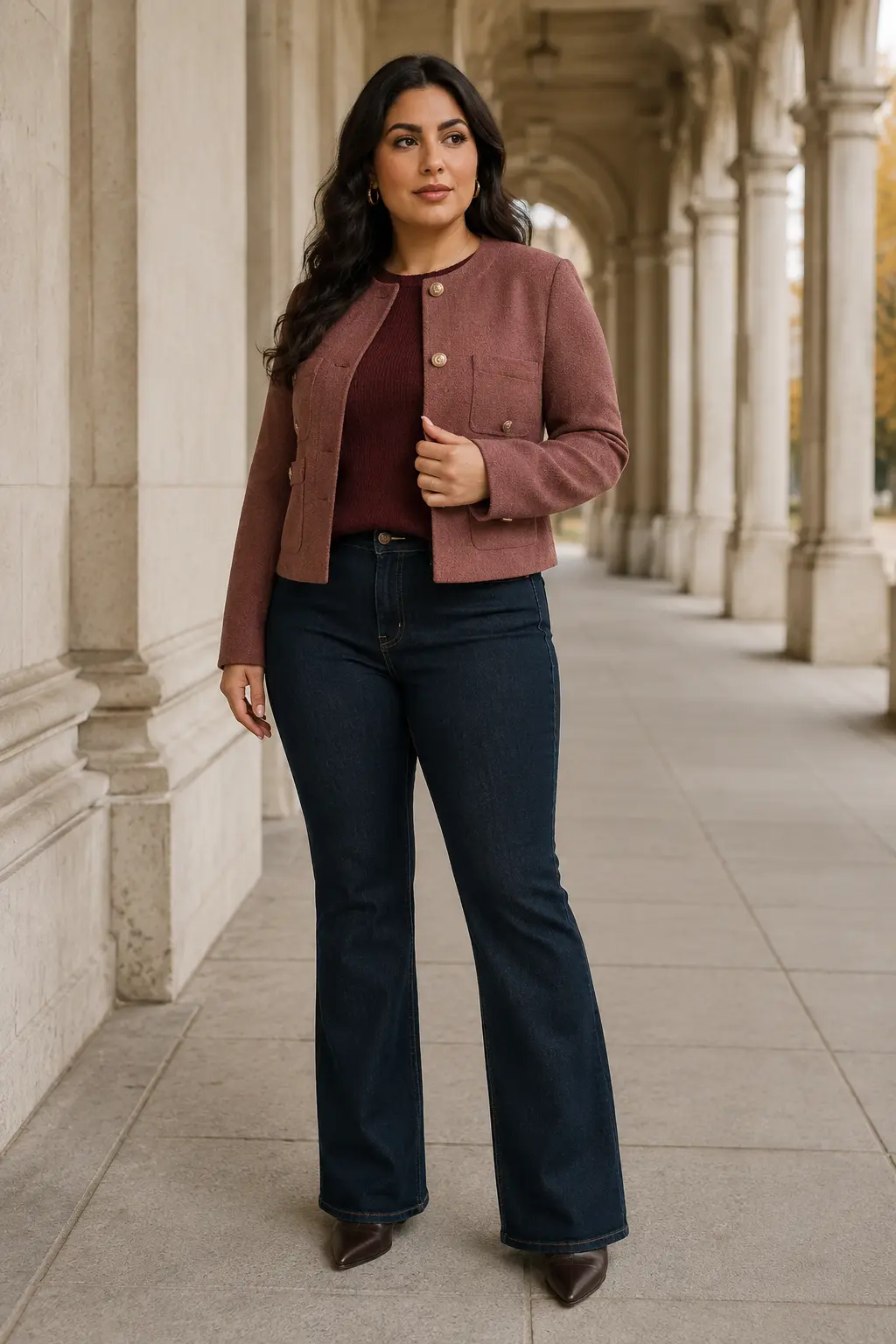Dusty Rose Jacket and Dark Flare Jeans Outfit: dusty rose jacket and dark flare jeans in rose, indigo and brown.