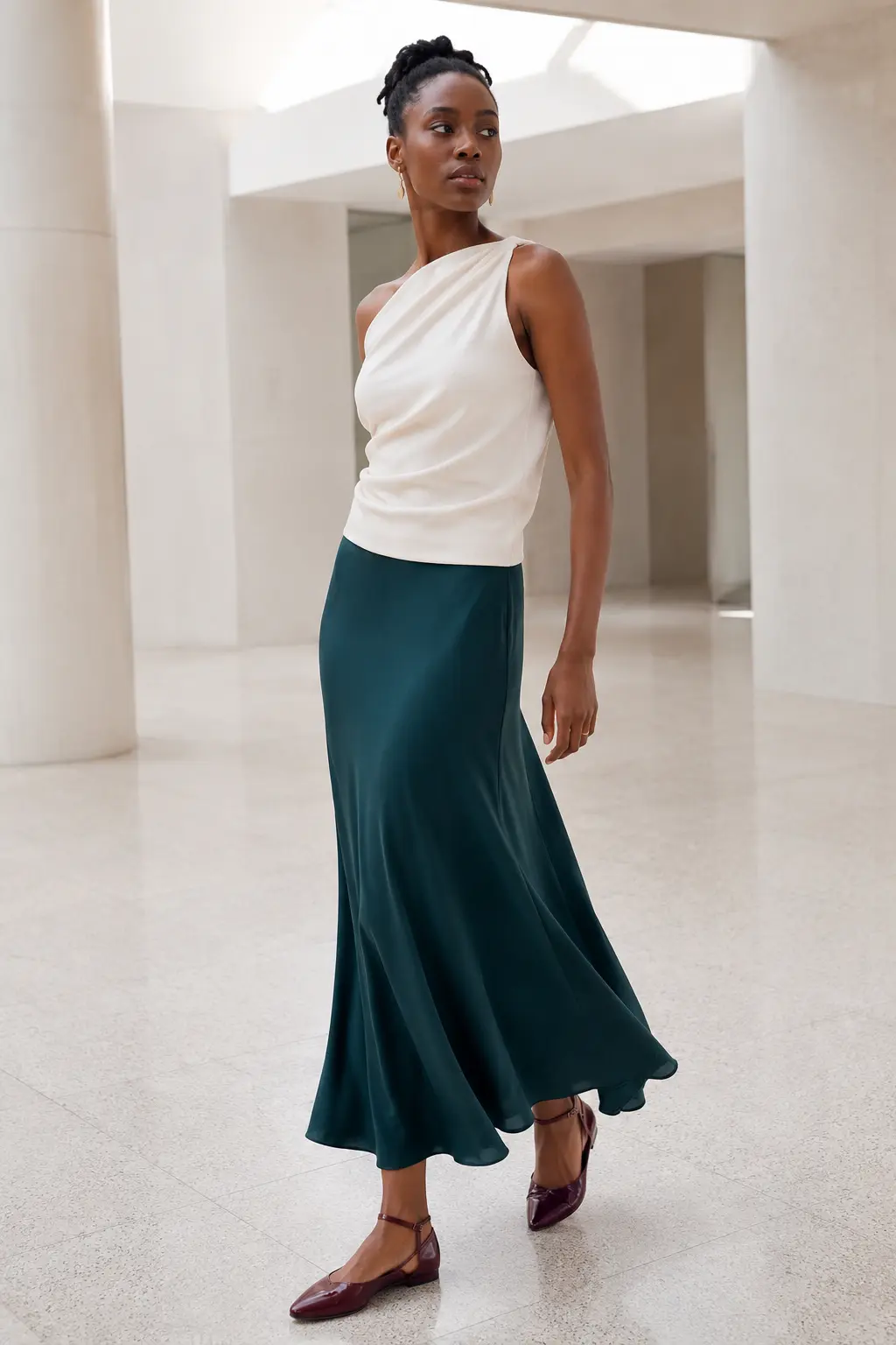 Ivory One-Shoulder Top and Teal Satin Skirt Outfit: ivory one-shoulder top and teal satin skirt in ivory, teal and burgundy.
