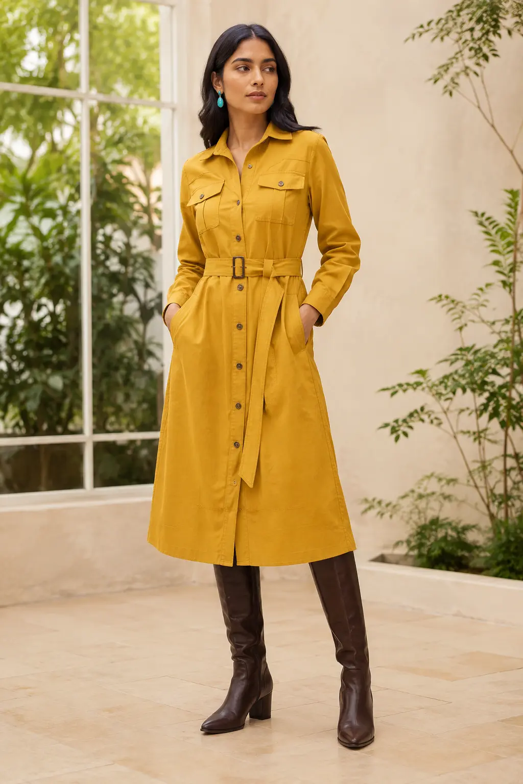 Mustard Trench Coat and Brown Boots Outfit: mustard trench coat and brown boots in mustard, brown and black.