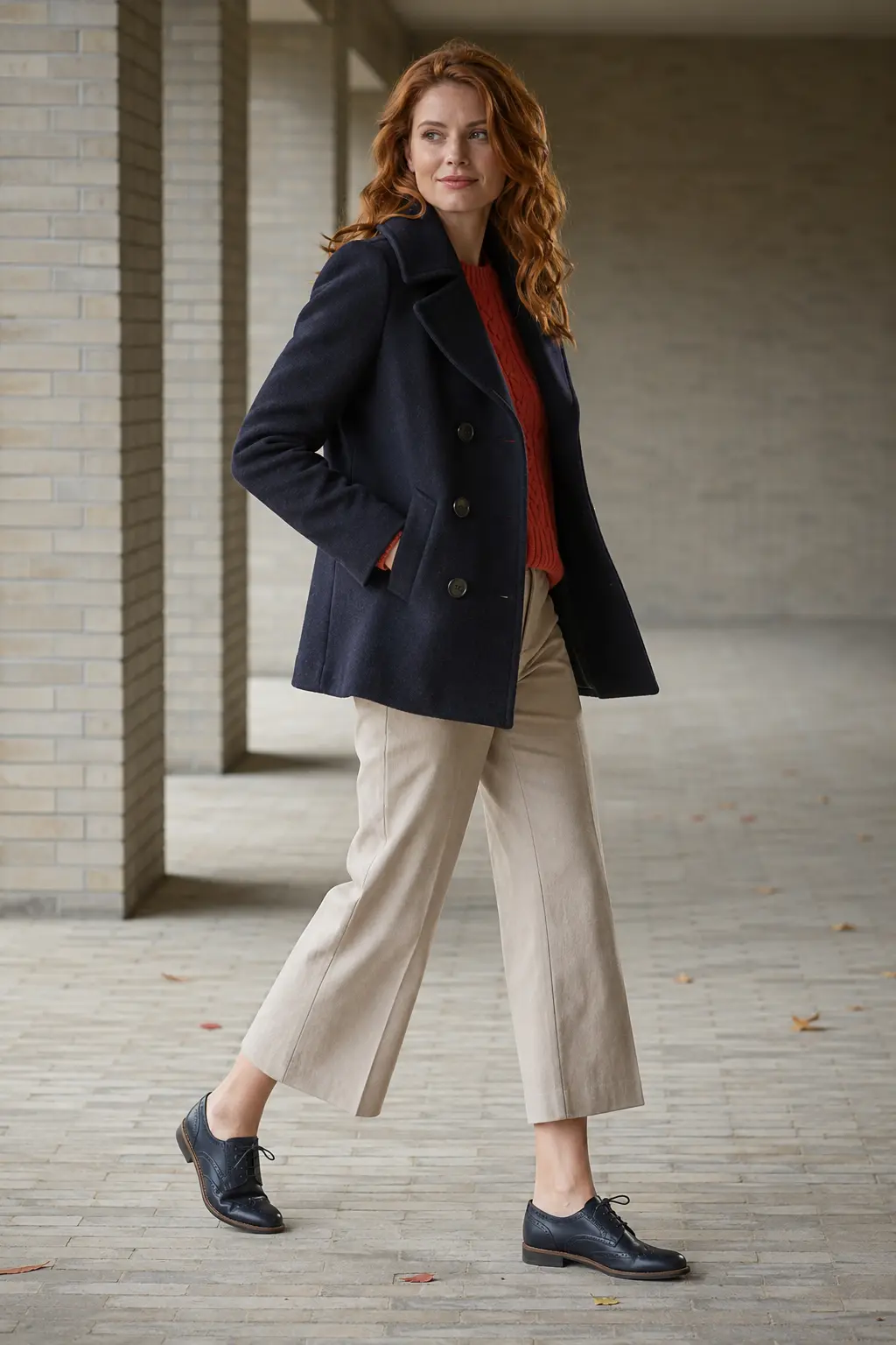 Navy Blazer and Stone Tailored Trousers Outfit: navy blazer and stone tailored trousers in navy, stone and blue.