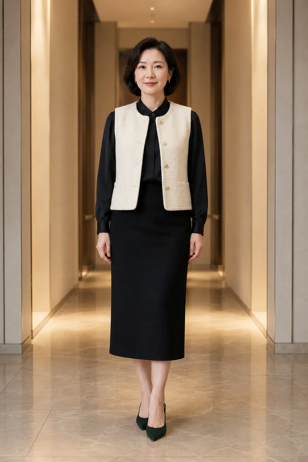Ivory Boucle Jacket and Black Pencil Skirt Outfit: ivory boucle jacket and black pencil skirt in ivory, black and gold.