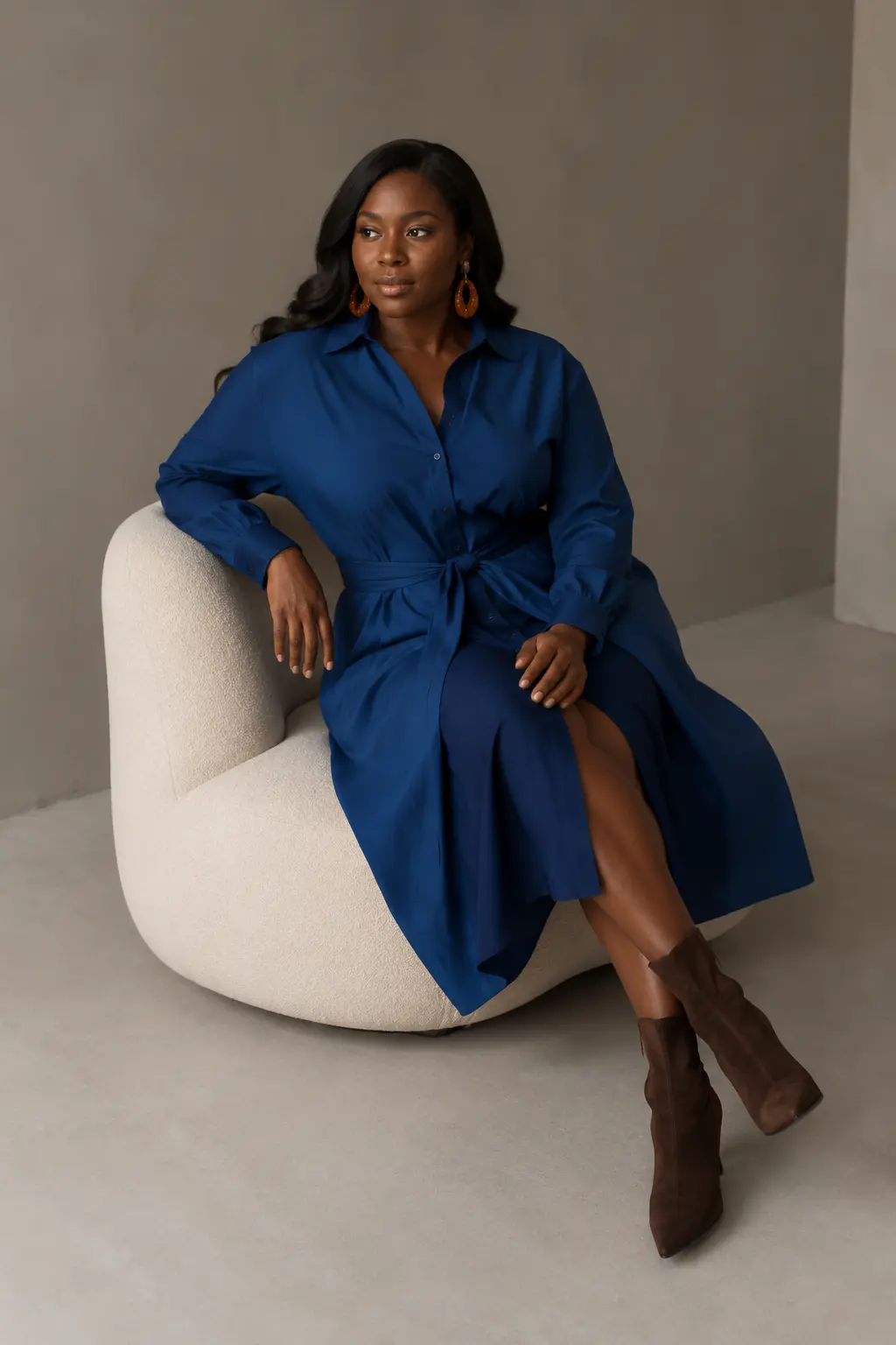 Cobalt Wrap Dress and Chocolate Boots Outfit: cobalt wrap dress and chocolate boots in cobalt, chocolate and gold.