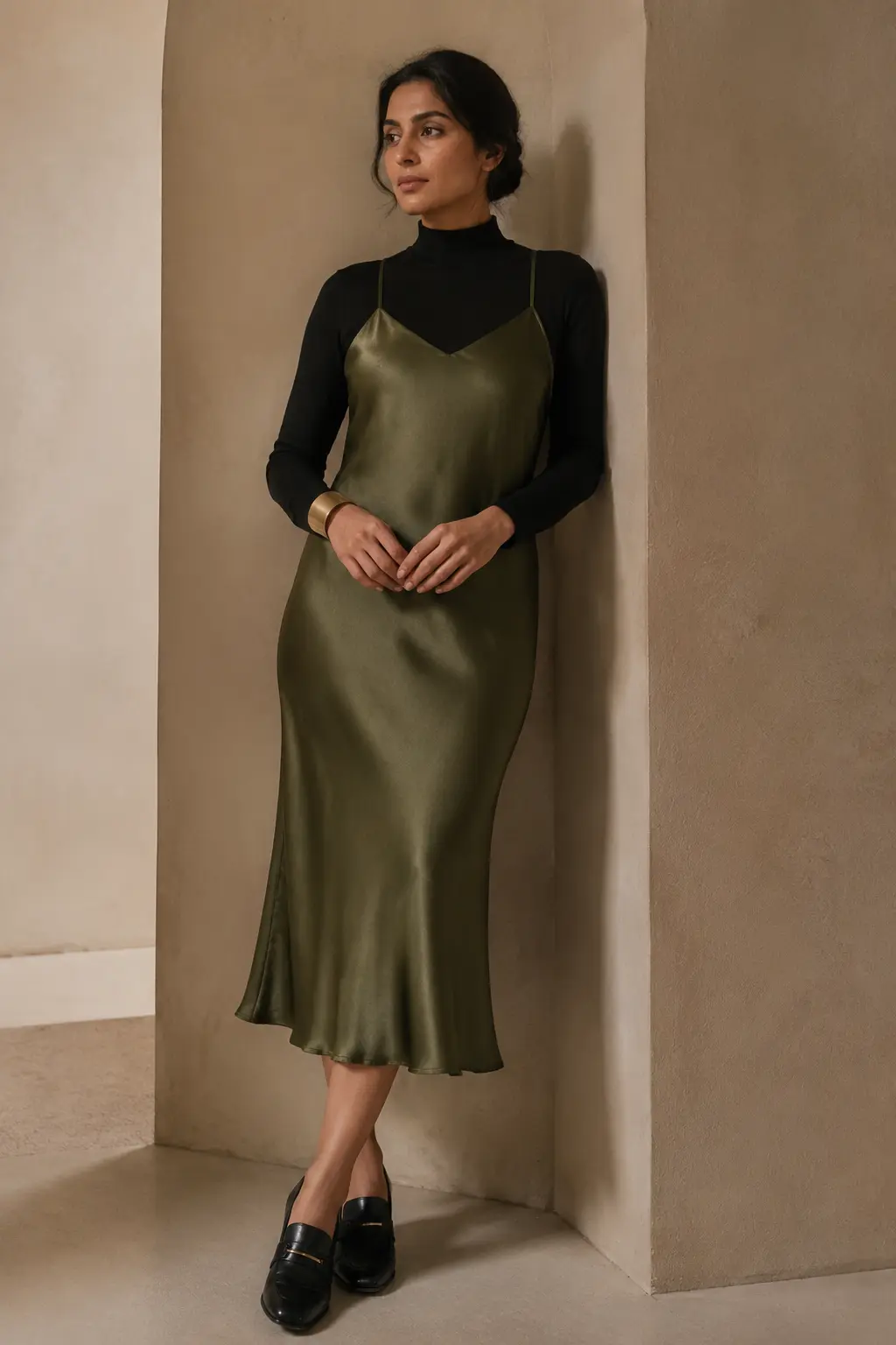Olive Turtleneck and Satin Midi Skirt Outfit: olive turtleneck and satin midi skirt in olive, black and gold.