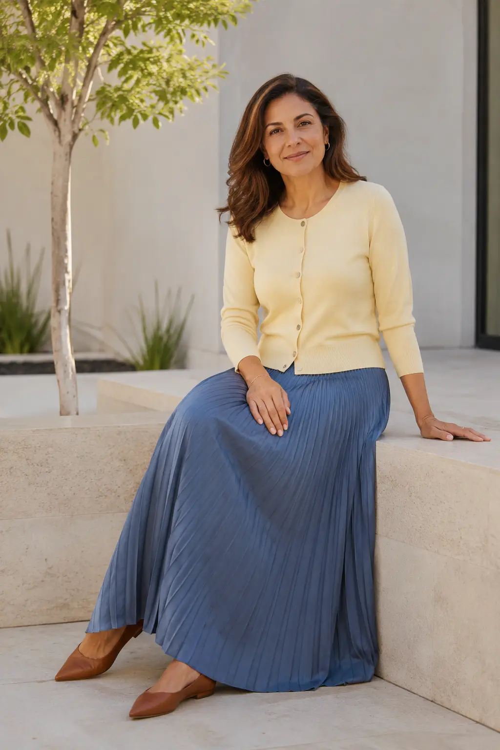 Butter Yellow Cardigan and Blue Pleated Skirt Outfit: butter yellow cardigan and blue pleated skirt in butter yellow, blue and brown.