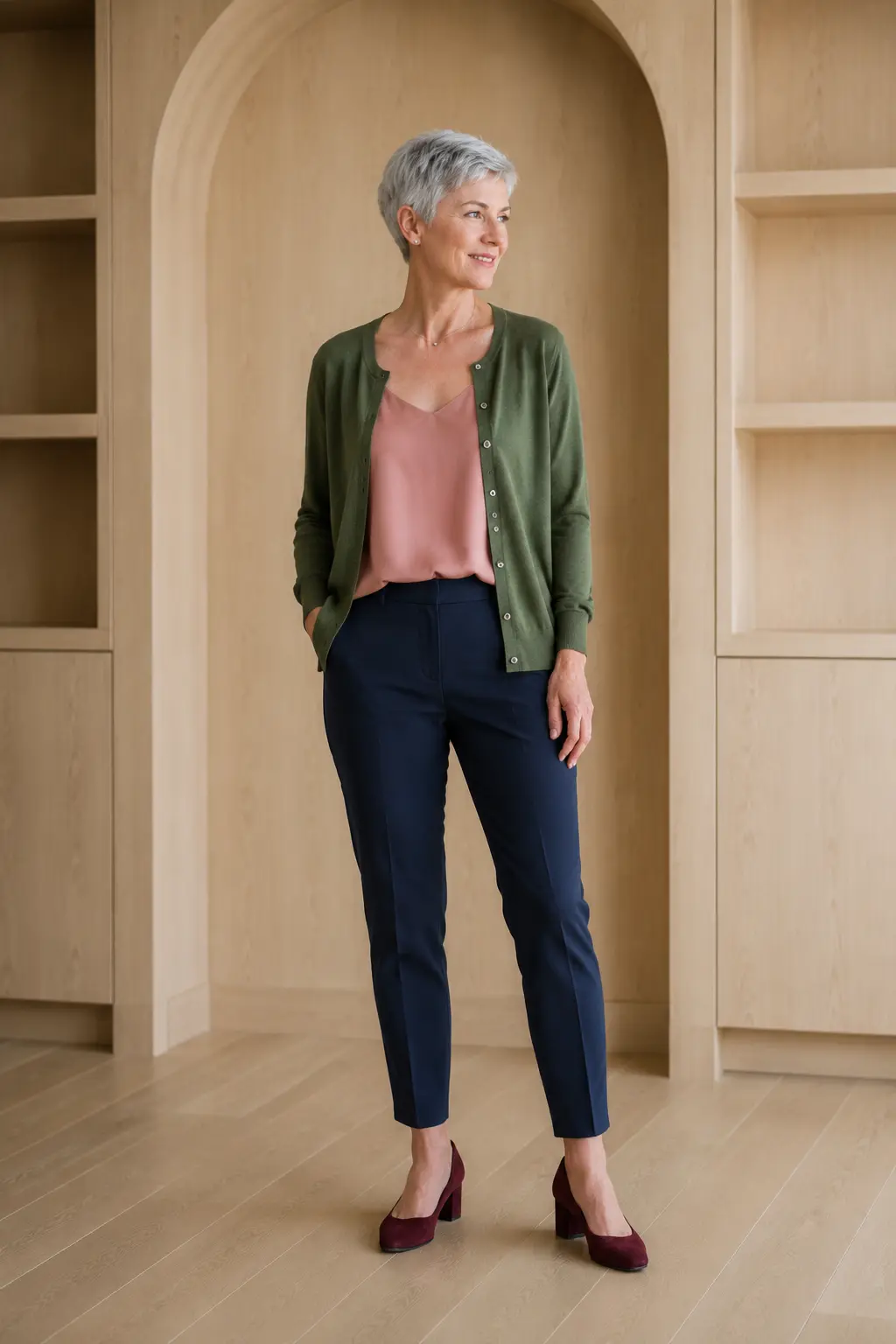 Forest Blazer and Pink Blouse Outfit: forest blazer and pink blouse in forest green, pink and navy.