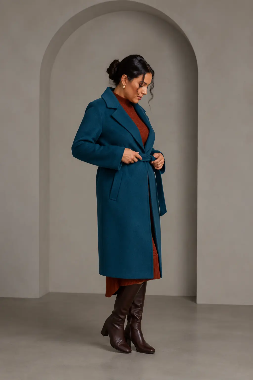Teal Belted Coat and Burgundy Boots Outfit: teal belted coat and burgundy boots in teal, burgundy and navy.