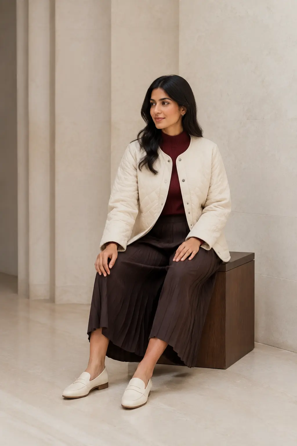 Ivory Cardigan and Chocolate Wide-Leg Trousers Outfit: ivory cardigan and chocolate wide-leg trousers in ivory, chocolate and white.