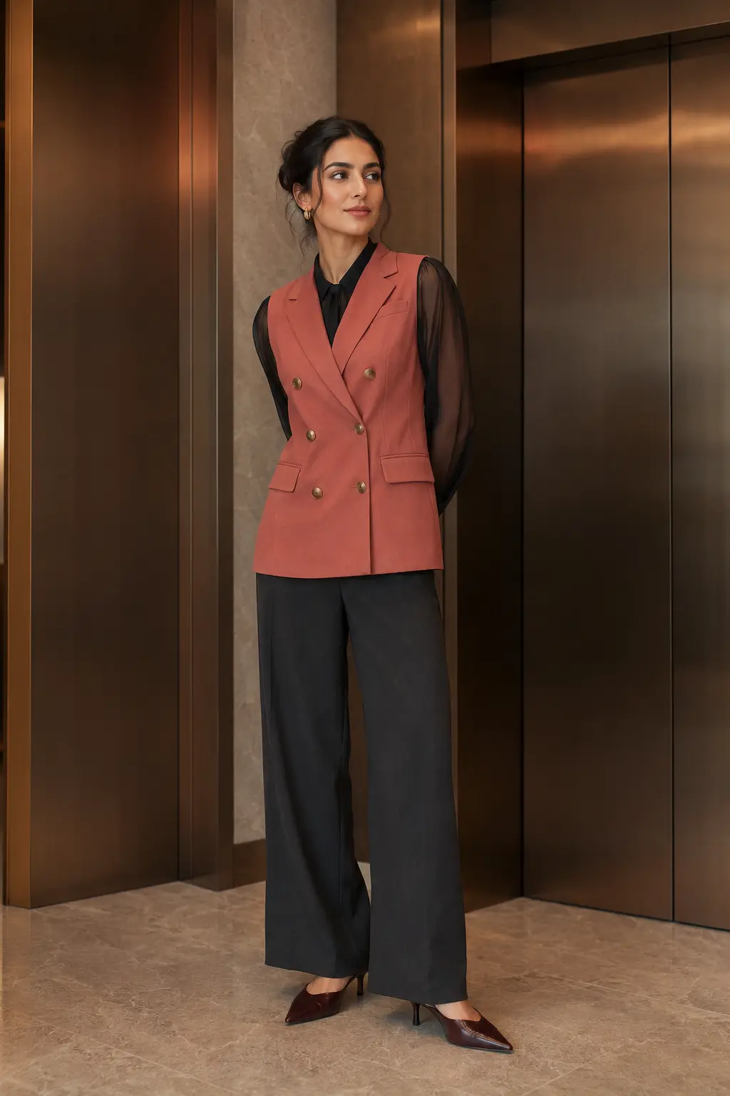 Rust Double-Breasted Blazer and Charcoal Trousers Outfit: rust double-breasted blazer and charcoal trousers in rust, charcoal and black.