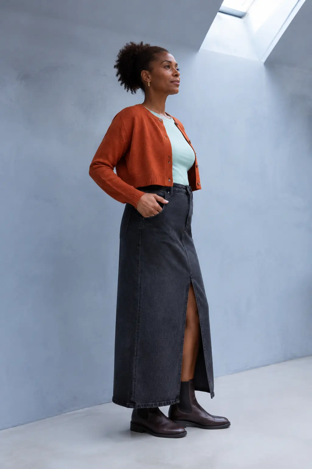 Burnt Orange Cardigan and Charcoal Maxi Skirt Outfit: burnt orange cardigan and charcoal maxi skirt in burnt orange, charcoal and blue.