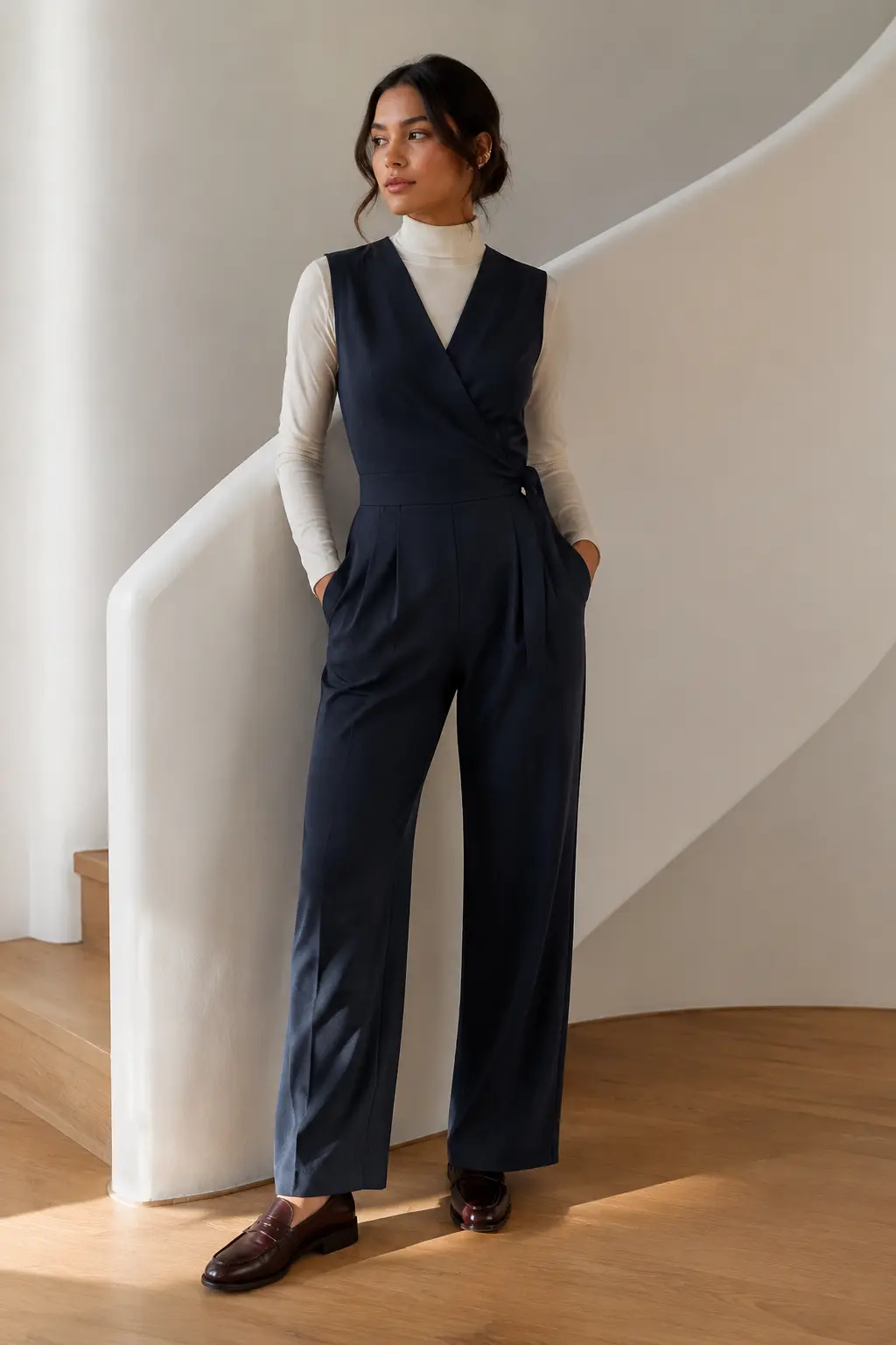 Navy Sleeveless Jumpsuit Outfit: navy sleeveless jumpsuit in navy, black and silver.