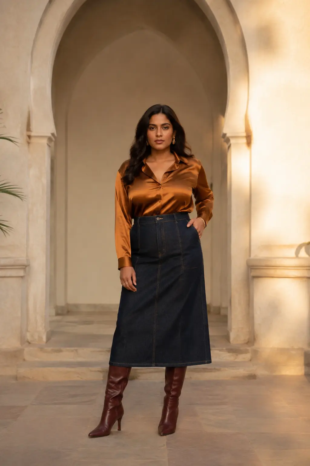 Copper Satin Top and Black Pencil Skirt Outfit: copper satin top and black pencil skirt in copper, black and gold.
